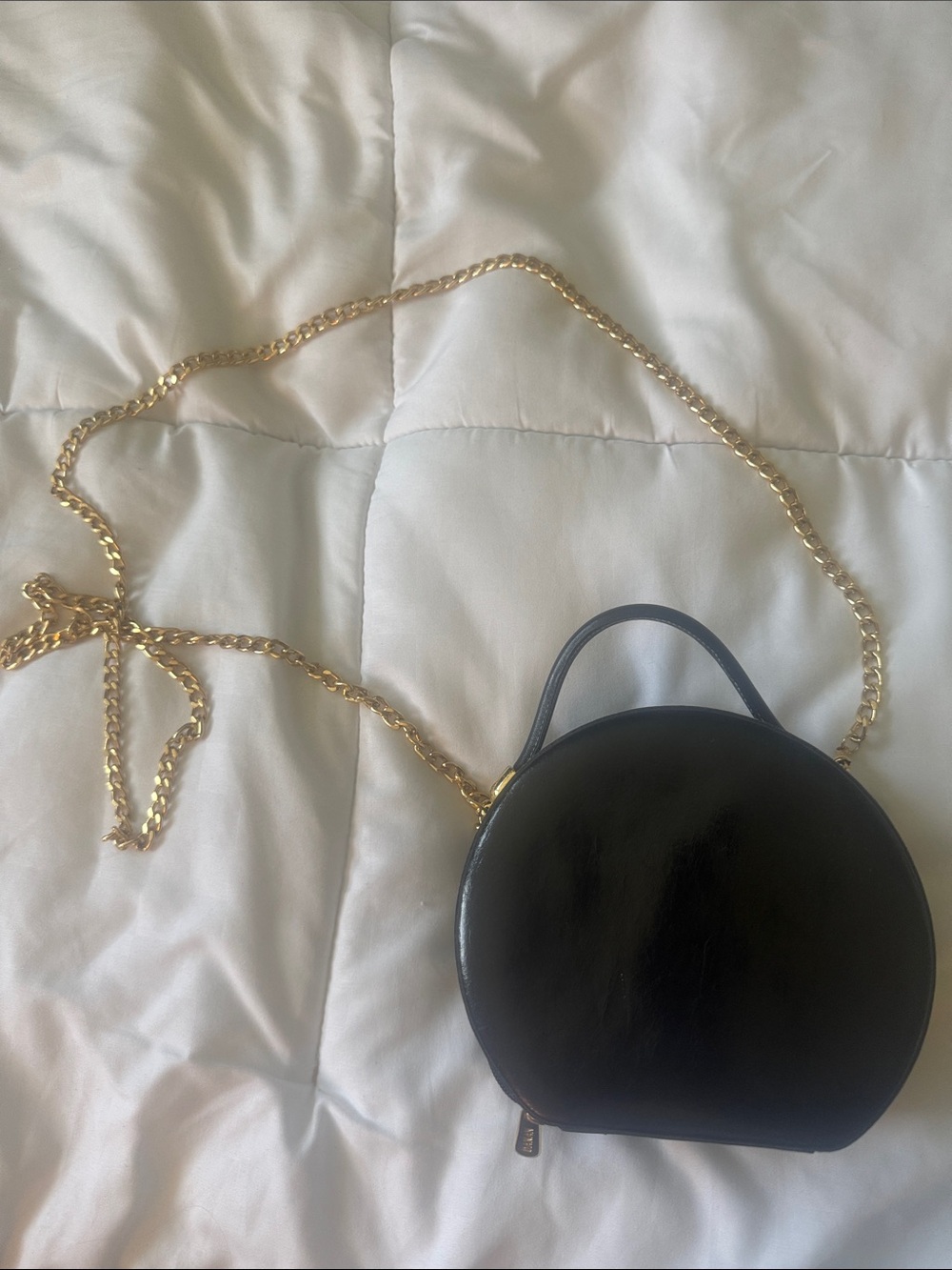 Leather Black Round Crossbody Bag with Gold Chain Made in Italy